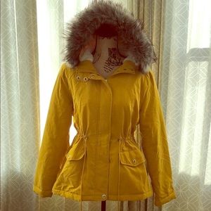 Primark Yellow Winter Coat Faux Fur Hood